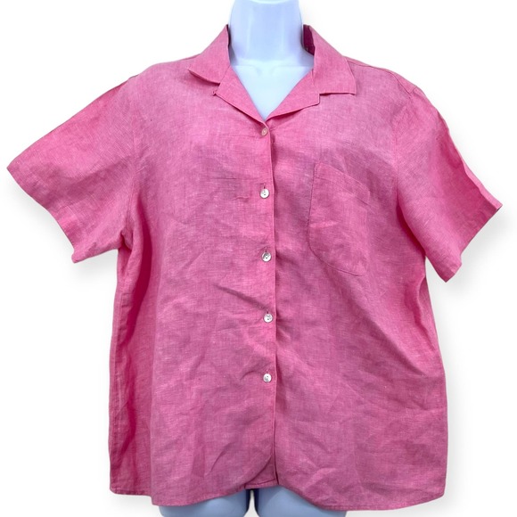 LL Bean Pink Linen Womens Large Short Sleeve Button Front Shirt Summer Vacation - Picture 1 of 10